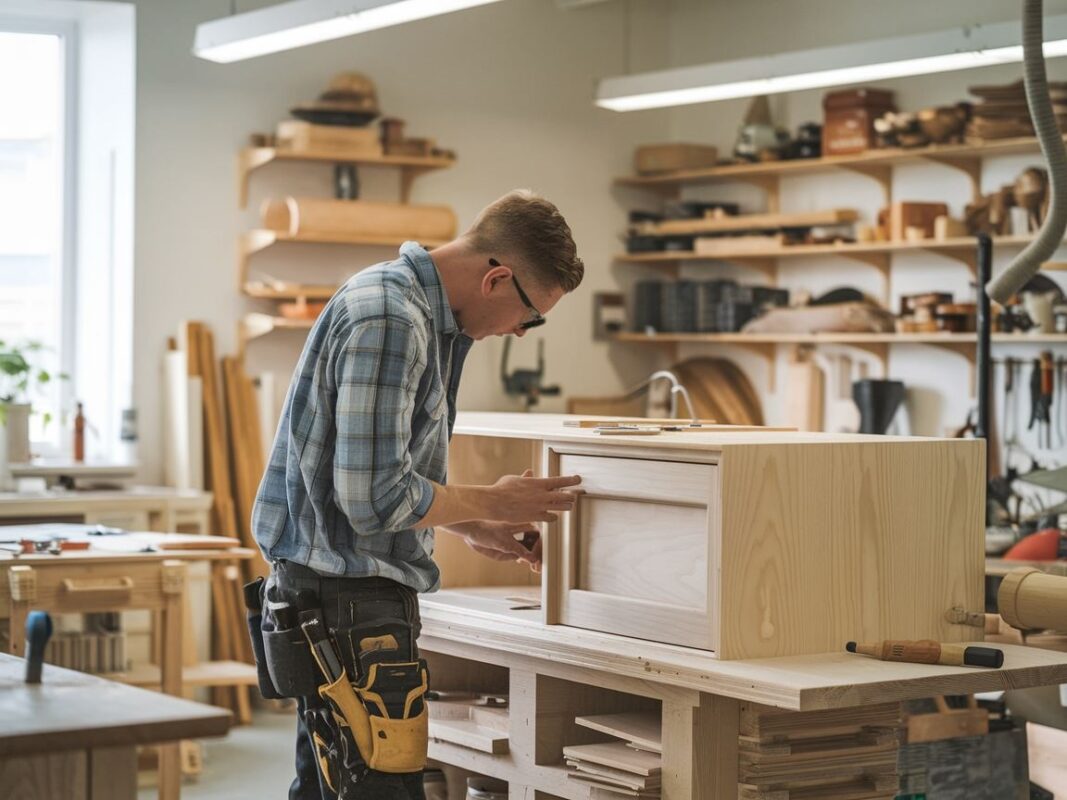 Gotowe drewniane szafki kuchenne w warsztacie